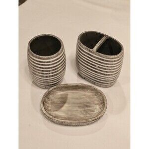 DKNY Neutral Striped Bathroom Accessory Set - 3 Piece